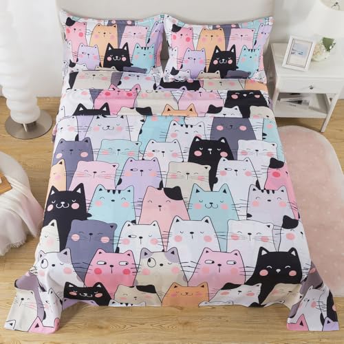 ADASMILE A & S Kids Cat Sheets Full Size for Girls Kawaii Cat Bedding Sets Including 1 Fitted Sheet 1 Flat Sheet 2 Pillowcases Kitten Animals Printed Bed Set Soft Microfiber All Season Home Decor ADASMILE A & S