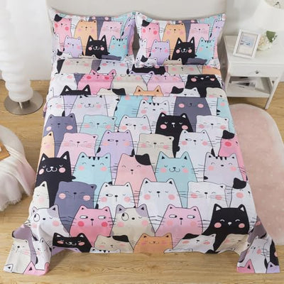 ADASMILE A & S Kids Cat Sheets Full Size for Girls Kawaii Cat Bedding Sets Including 1 Fitted Sheet 1 Flat Sheet 2 Pillowcases Kitten Animals Printed Bed Set Soft Microfiber All Season Home Decor