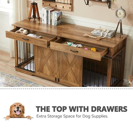 72.5" XXL Wooden Dog Crate Furniture for 2 Large Breeds, Extra Large Double Dog Kennel with Divider, Drawers & Barn Door, Water Resistant Furniture-Style Dog Cage, Rustic Oak EDYO LIVING
