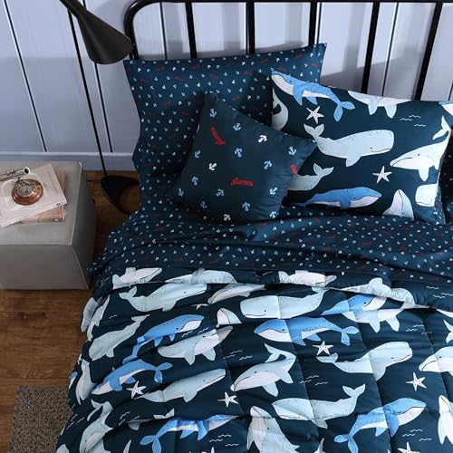 Nautica Kids - Finnian Whales Navy Kids Comforter Set, Soft Bedding with Matching Shams & Throw Pillow, 4-Piece, Navy, Full/Queen Nautica