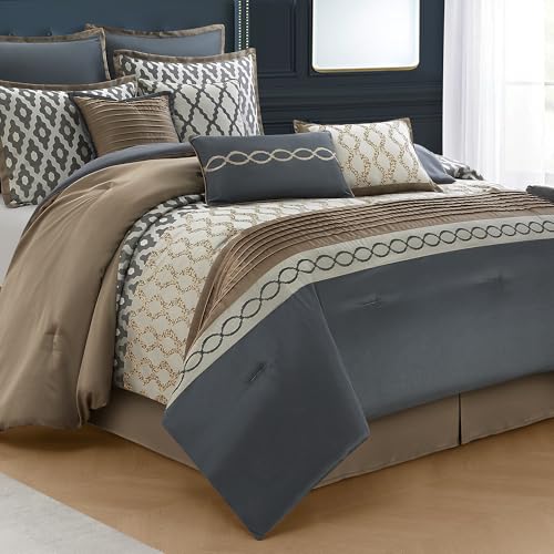 LANCO MODERN LIFESTYLE King Size Comforter Set, Grey Brown, 10 Piece Bed in a Bag for All Seasons, Luxury Extreme Comfort Bedding Sets with Bedskirt, Pillow Shams, Euro Shams and Decor Pillows LANCO MODERN LIFESTYLE