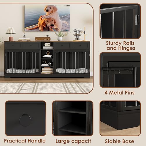 GAOMON Dog Crate Furniture for 2 Dogs, 82'' Large Dog Kennel Indoor with 4 Storage Drawers and 4 Shelves, Double Dog Crate TV Stand for Medium and Large Dogs, Black GAOMON