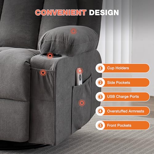 BOSMILLER Swivel Rocker Recliner Chair with Vibration Massage and Lumbar Heating Ergonomic Lounge Chair for Living Room with Rocking Function and Side Pocket, 2 Cup Holders, USB Charge Port