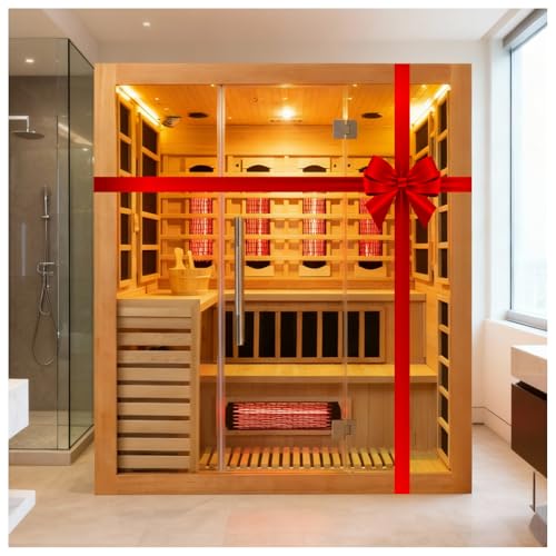 amocane Infrared & Steam Dual-System Sauna Room for 4-6 Person, Wood Hybrid Home Sauna with Heater, Indoor Traditional Saunas Spa with Heaters & Sauna Stove, Speaker, Oxygen Bar, Bucket amocane