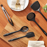 GreenPan 5 Piece Cooking Utensil Set, Flexible Nonstick Silicone, Stain-Free, Tongs, Turner, Spatula, Skimmer, and Slotted Spoon, Black GreenPan