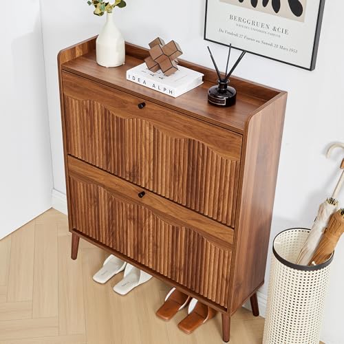 Bifins Shoe Storage Cabinet with 2 Flip Doors, 31.5" Narrow Fluted Design for Space Saving, Freestanding Entryway Shoe Organizer for Hallway & Living Room (Walnut) Bifins