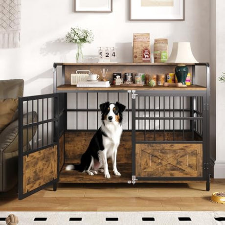 Halitaa 45.3" Dog Crate Furniture for Large Breed, Heavy Duty XL Dog Kennel Indoor with Storage Shelf, Farmhouse Wooden Pet Crate, Chew-Resistant, Brown (45.3" W x 23" D x 39.4" H) Halitaa