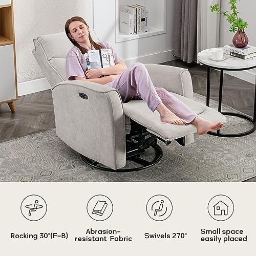 ANJ Power Swivel Recliner Chair, Glider Rocker Recliner with USB Port, Electric Nursery Recliners Sofa Rocking Chairs for Living Room, Bedroom（Grey）