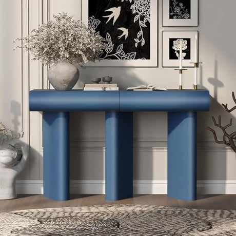 48" Stonehenge Style Modern Console Table with Storage Drawers, Wood Minimalism Industrial Curved Entryway Table for Entrance, Hallway, Living Room (Blue) Virubi