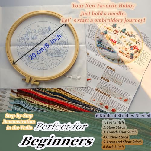 FONNUY Crewel Christmas Embroidery Kit for Beginners, Cross Stitch Set Winter Snow Scene Pine Owl Pattern for Adults, Easy to Follow Color Thread Needlework, 8'' Hoop (Snow Village)