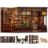 Fsolis Book Nook Kit - DIY 3D Wooden Puzzles for Adults Coffee House Model Booknook Bookstore Mini House Building Kit Gifts for Women Readers Book Lovers (Corner Coffee Shop)