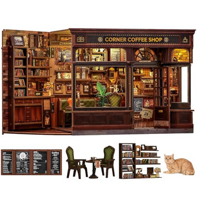 Fsolis Book Nook Kit - DIY 3D Wooden Puzzles for Adults Coffee House Model Booknook Bookstore Mini House Building Kit Gifts for Women Readers Book Lovers (Corner Coffee Shop)