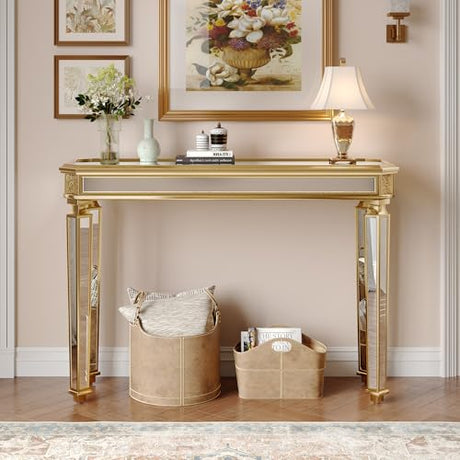 KUVADAZ Gold Mirrored Console Table, 48" Rectangle Glass Sofa Table with Mirrored Vintage Carved Elements,Modern Luxury Mirror Furniture for Living Room Foyer Entrance Entryweay Hallway KUVADAZ