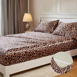 MR&HM Satin Fitted Sheet & Pillowcase Set Queen Size, 3-Piece Silky Soft Bedding with 15" Deep Pocket, Reinforced Elastic Corner Straps to Prevent Slipping Off Mattress, Brown Leopard MR&HM
