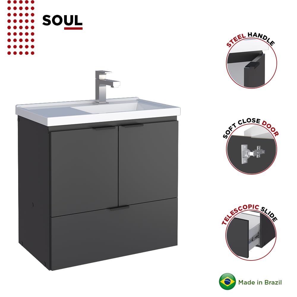 COZIMAX Vanity Soul 24" Floating Bathroom Vanity and Cultured Marble Sink with Soft Close Door (Black) COZIMAX