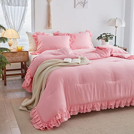 Pink Ruffled Comforter Set Twin Size, 3 Pieces (1 Ruffled Comforter and 2 Pillowcases) Farmhouse Shabby Chic Style with 2 Layers Ruffle, Solid Color Lightweight Soft Fluffy Bedding Sets for Girls Flysheep