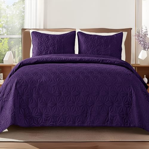 Whale Flotilla King Quilt Bedding Set, Soft Purple Bedspreads Quilts King Size for All Seasons, 3 Pieces Lightweight Geometric Star Pattern Coverlet Whale Flotilla
