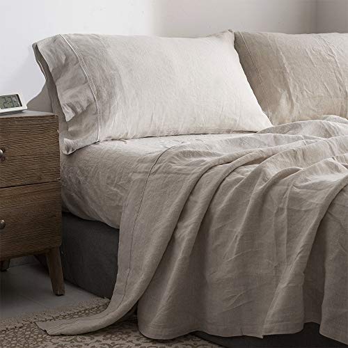 Simple&Opulence 100% Pure Linen Sheet Set Queen Size, Natural French Flax Solid Color 4 Pcs Washed Breathable, Farmhouse Bedding (1 Flat Sheet,1 Fitted Sheet,2 Pillowcases)-Embroidery Linen Simple&Opulence