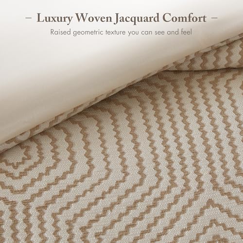 Madison Park Signature Queen Luxury Jacquard Comforter Set, Removable Duvet Cover with Insert, Oversized Overfilled Bedding, Hand-Guided Embroidered Texture Accents, Geometric Ivory, 8-Piece Madison Park