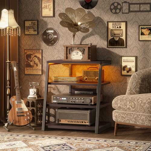 AV Media Stand with Outlets, Stereo Stands and Racks with Vinyl Storage, Stereo Stand with Record Storage, Audio Stereo Rack Cabinet, Turntable Console Stand with LED lights, 4 Tiers, Black Ebony Besiost