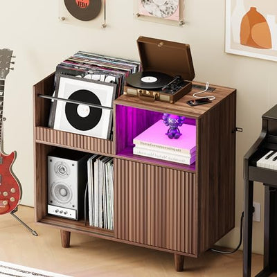 fineway Large Record Player Stand with Power Outlets & LED Lights, Record Player Table Cabinet with Vinyl Record Storage Holds up to 300 Albums, Turntable Stand for Living Room, Bedroom