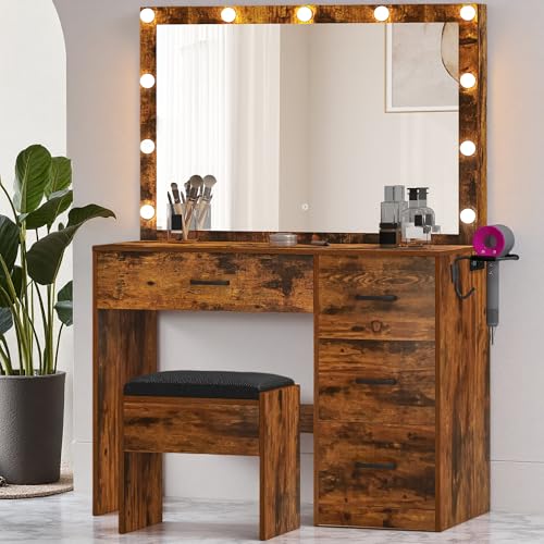 DWVO Vanity Desk with Stool, 4 Drawers, Lighted Makeup Desk with Large Mirror, 3 Color Modes, Outlets & USB Ports DWVO