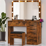 DWVO Vanity Desk with Stool, 4 Drawers, Lighted Makeup Desk with Large Mirror, 3 Color Modes, Outlets & USB Ports DWVO