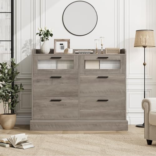 HOSTACK Modern 6 Drawer Dresser for Bedroom, Double Wide Chest of Drawers with Storage, Bedroom Dresser with Metal Handle & Fluted Glass, Wood Console Cabinet with Fence for Living Room, Ash  - WoodArtSupply