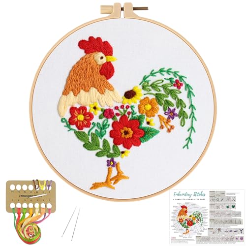 Louise Maelys Funny Animal Embroidery Kits for Beginners,Cross Stitch Kit for Adults,DIY Needlepoint with Rooster and Flower Pattern