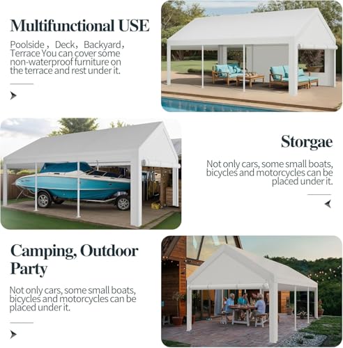 Shintenchi Portable Garage Canopy,10x20 FT Heavy-Duty Design Carport,Carport Canopy with Side-Opening Removable Door & Roll-Up Window,Portable Car Port for Car, Truck, Boat,White Shintenchi