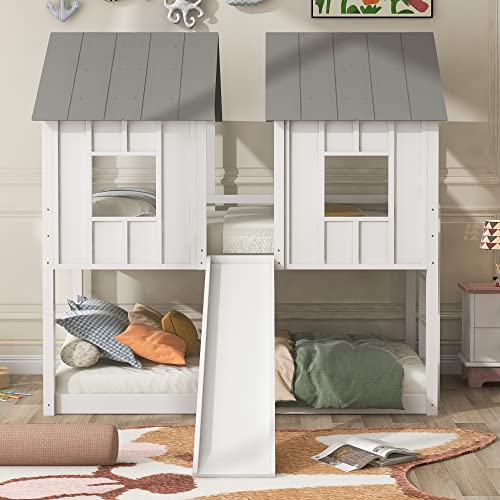 Merax Twin-Over-Twin Wooden House Bunk Bed with Slide, Windows, Ladder and Guardrails, Twin Size White House Bunk Bed Merax