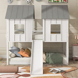 Merax Twin-Over-Twin Wooden House Bunk Bed with Slide, Windows, Ladder and Guardrails, Twin Size White House Bunk Bed Merax