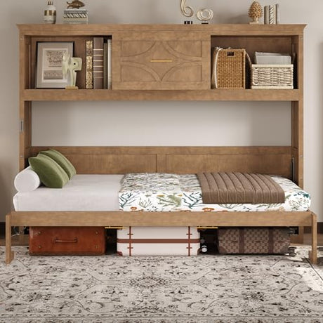 Harper & Bright Designs Twin Size Murphy Bed with Storage Shelves and Drawers, Wooden Murphy Cabinet Bed with Charging Station and Slat Support for Bedroom or Guest Room, Space Saving, Wood Color Harper & Bright Designs