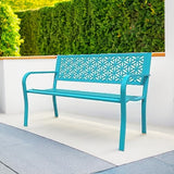 VINGLI 50" Outdoor Bench Metal with Floral Back, Garden Bench Front Porch Benches for Yard Patio Entryway Park, 800lb Capacity - Blue VINGLI