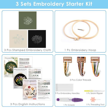 ERKOON 3 Sets Embroidery Kit, Floral Cross Stitch Set for Include Embroidery Cloth Hoops Threads for Craft Lover Hand Stitch (Plants & Flowers) ERKOON