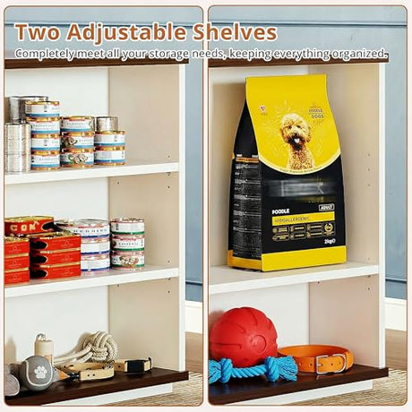 IRONCK Large Dog Crate Furniture with 2 Rotatable Dog Bowls, Wooden Dog Kennel with 2 Adjustable Shelves, Barn Doors Decorative Pet Cage Dog House as TV Stand, White IRONCK