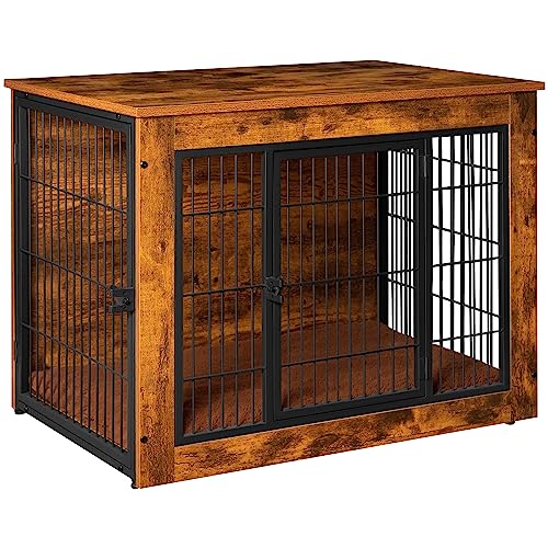 Bigrab Dog Crate Furniture with Thick Cushion, Side End Table Wooden Dog Cage with Double Doors, Chew-Resistant Dog Kennel Dog House Indoor for Small to Large Dog, L