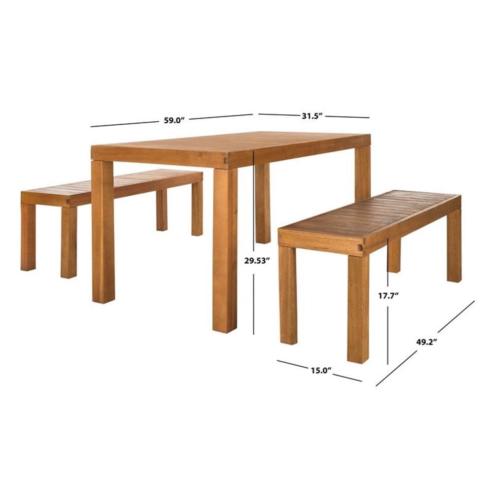 SAFAVIEH Outdoor Collection Dario Teak 3 Piece Dining Set with 59" Table and 2 Backless Benches SAFAVIEH