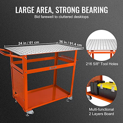 VEVOR Welding Table 36 x 24-inch, 600LBS Load Capacity Steel Welding Workbench Table on Wheels, Portable Work Bench with Double-Layer Storage Board, 5/8-inch Fixture Holes, 11 Hooks - WoodArtSupply