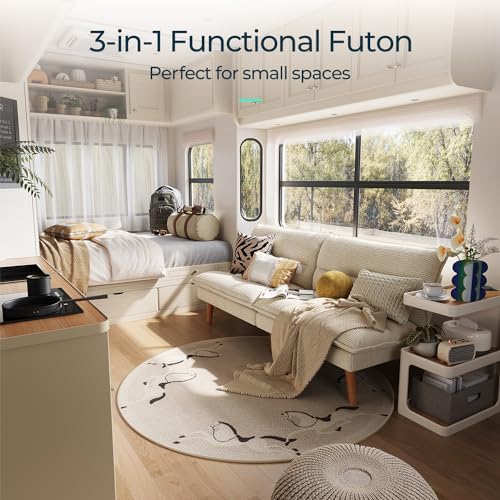 LINSY HOME Futon Sofa Bed - Convertible Corduroy Futon Couch Bed with Adjustable Backrest, Modern Small Loveseat Sleeper Sofa for Small Spaces, Living Room, Apartment or Office (Beige) LINSY HOME