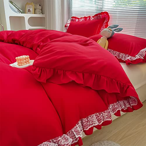 MOOWOO Christmas Chic Ruffle Lace Polyester Duvet Cover Set -Girl Red Bedding-2 Piece Twin Duvet Cover with Zipper Closure -Ultra Soft and Light Weight MOOWOO