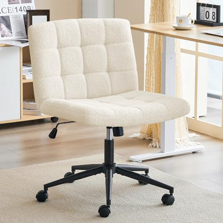 Furnimart Swivel Criss Cross Legged Chair with Wheels for Home Office, Wide Armless Desk Chair Height Adjustable Comfy Seat for Desk,Vanity, Bedroom, Faux Fur White Furnimart