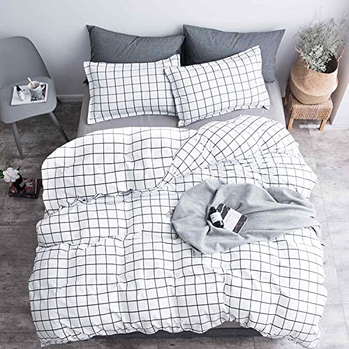 Faincy Full Comforter Set, White Black Grid Geometric Plaid Pattern Printed Reversible Comforter - Size 80 x 90 3PC Soft Microfiber Duvet Sets 2 Pillowshams Modern Bedding in a Bag for Women Men Teen Faincy