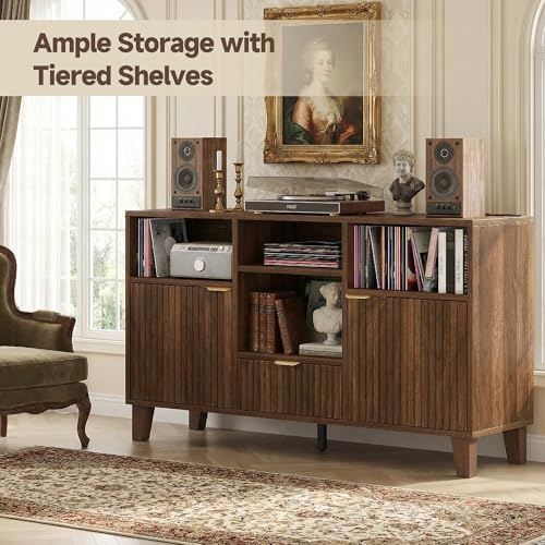 knoworld Large Round Record Player Stand with Vinyl Record Storage & Charging Station, Modern Turntable Cabinet with Power Outlet and USB Ports for Living Room and Bedroom (Walnut) knoworld