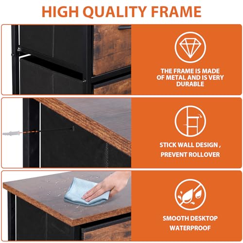 SUPER DEAL Dresser for Bedroom Fabric Dresser Storage Tower Tall Chest Organizer Unit with 9 Drawers for Living Room Nursery Entryway Closets, Steel Frame, Wood Top Rustic Brown SUPER DEAL