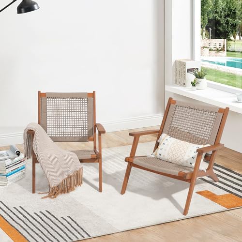 Verano Garden Set of 2 Patio Lounge Chair, Modern Acacia Wood Accent Armchair with Handwoven Rope for Patio,Living Room, Bedroom, Balcony (Beige)