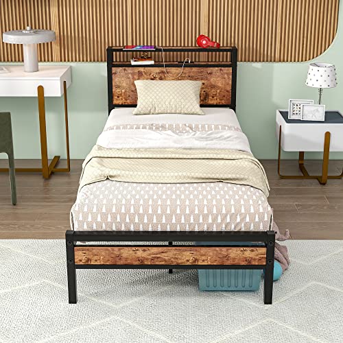 HOJINLINERO Twin Bed Frame with Storage Headboard/USB Charging Station,Single Platform Bed Frame Twin Size No Box Spring Needed,Strong Steel Slats Support,Bedroom Furniture,Rustic Brown HOJINLINERO