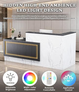 L-Shaped Large Wooden Reception Desk with LED Lights, Modern Front Desk Reception Counter with Lockable Drawers & Storage & Keyboard Tray for Checkout, Lobby Yorkgargen
