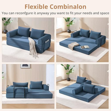 YUUIJOAA 4-in-1 Folding Convertible Sofa Bed, 78 Inch Oversized Corduroy Loveseat Sleeper with Pull Out Bed, Boneless Futon Couch for Living Room Apartment, No Assembly Needed, Blue YUUIJOAA