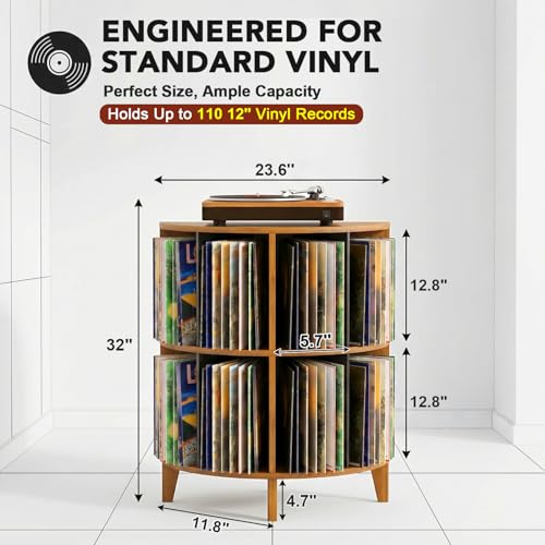 YKLYTBD Record Player Stand with Vinyl Storage, Corner Turntable Stand Holds Up to 110 Albums, 2-Tier Mid-Century Modern Media Console & End Table for Small Spaces YKLYTBD